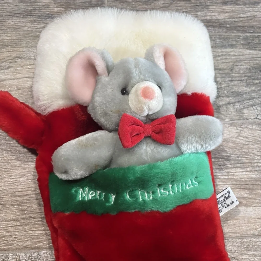 Vintage 1988 Chrisha Playful Plush Mouse Bow Tie 3D Christmas Stocking 21